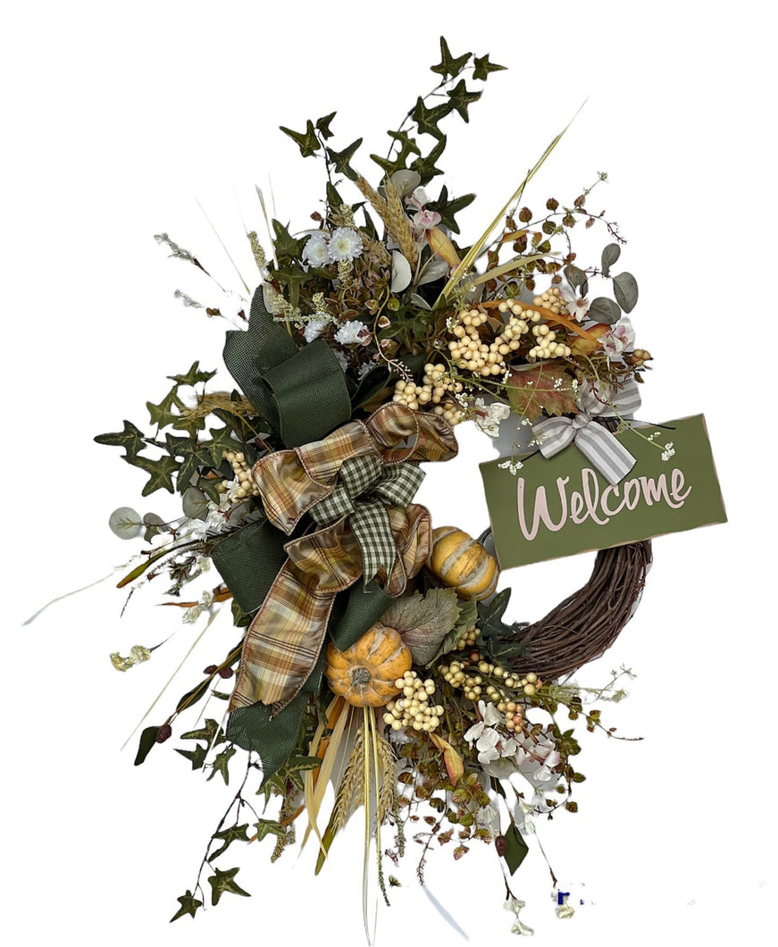 Cream, Green and Light Gold Silk Floral Fall Wreath with Welcome Plaque/Harv239