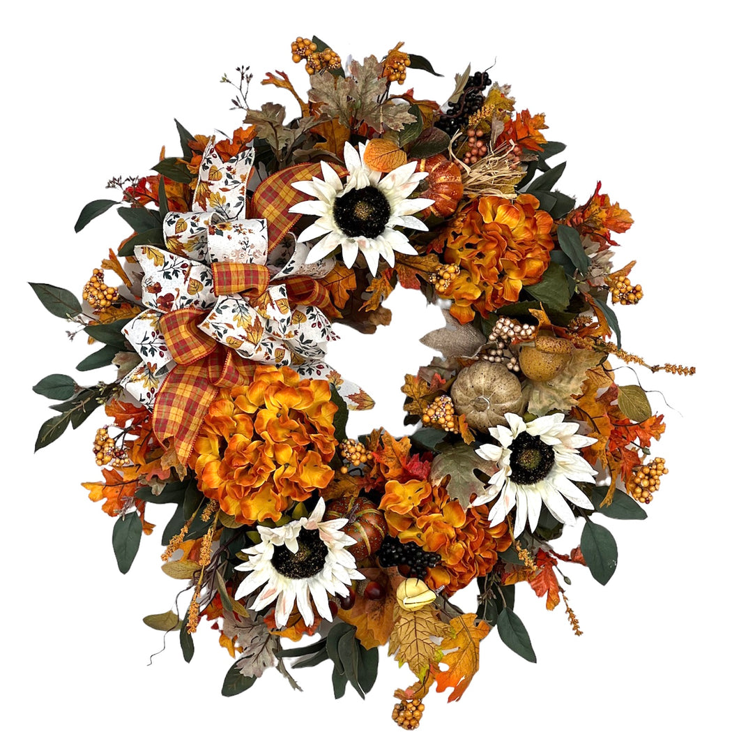 Orange Hydrangea and Cream Sunflower Silk Floral Fall Wreath/HARV247