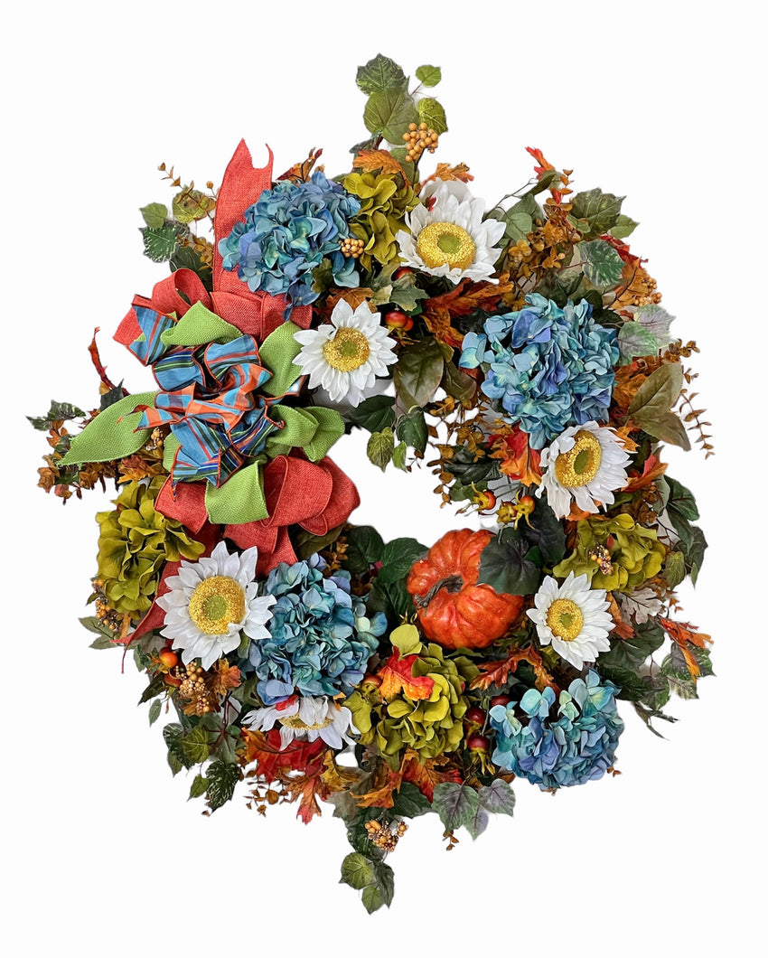 White Sunflower, Blue Hydrangea Fall Wreath/HARV252