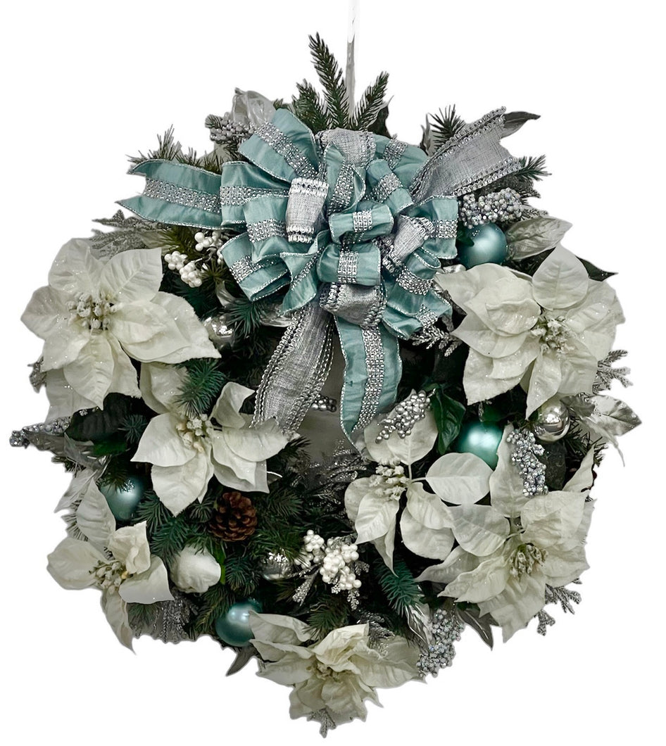 White and Aqua Trim Holiday Wreath /HOL07