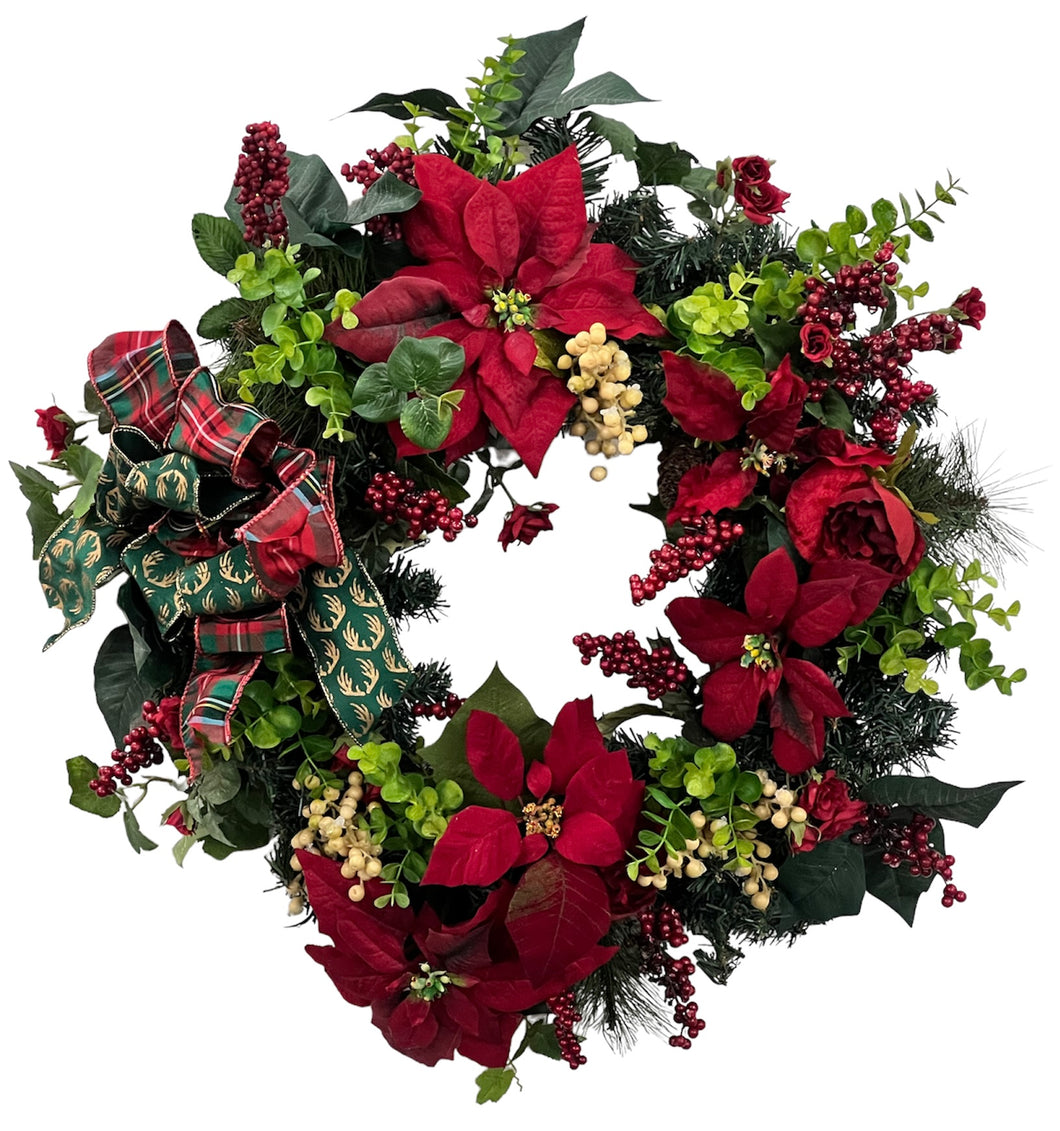Red Rose and Poinsettia Silk Floral Holiday Christmas Wreath/HOL112