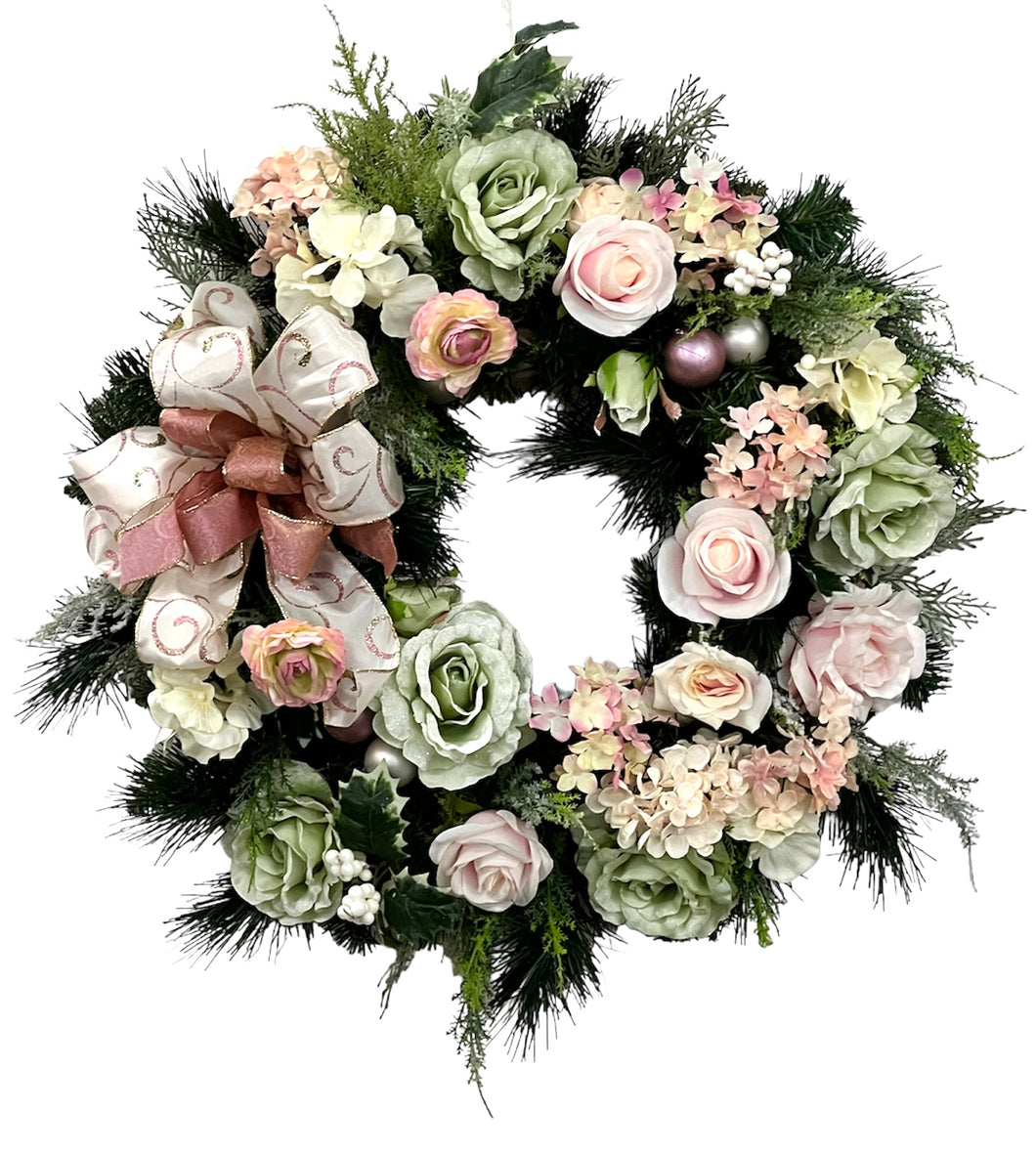 Pink, Light Green, and Cream Silk Floral Holiday Christmas Wreath/HOL120