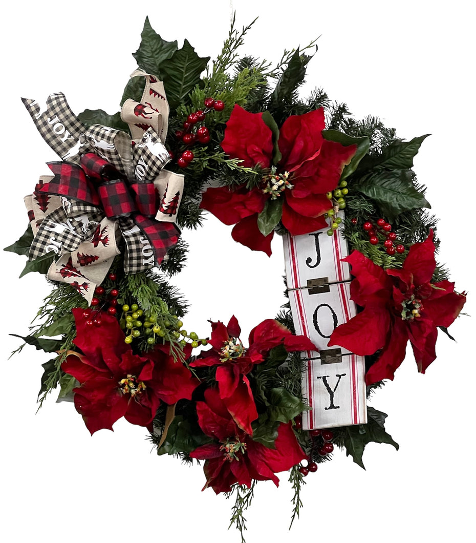 Red Poinsettia Silk Floral Christmas Wreath with White Joy Plaque/HOL150