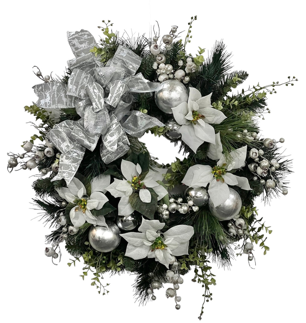 White Poinsettia Christmas Winter Wreath With Ornaments/HOL154