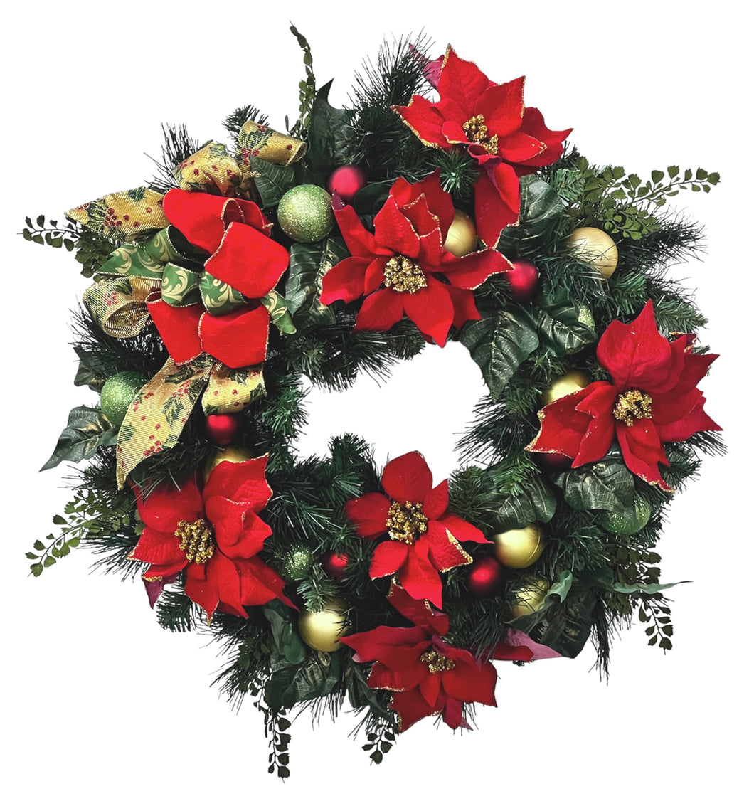 Red Poinsettia Silk Floral Christmas Winter Wreath with Ornaments/Hol158