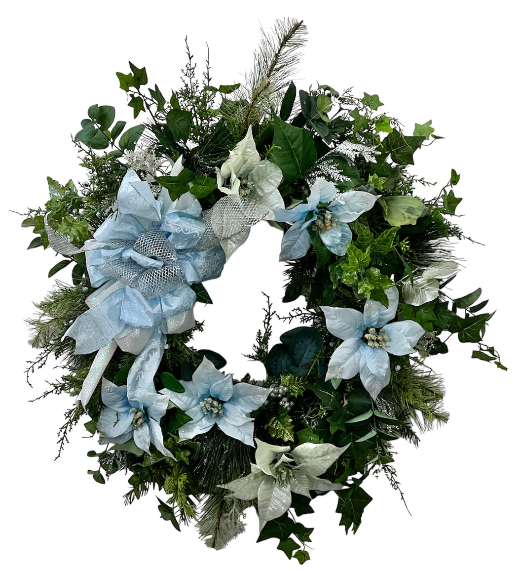 Light Blue and Green Ice Poinsettia Holiday Wreath/Hol44 - April's Garden