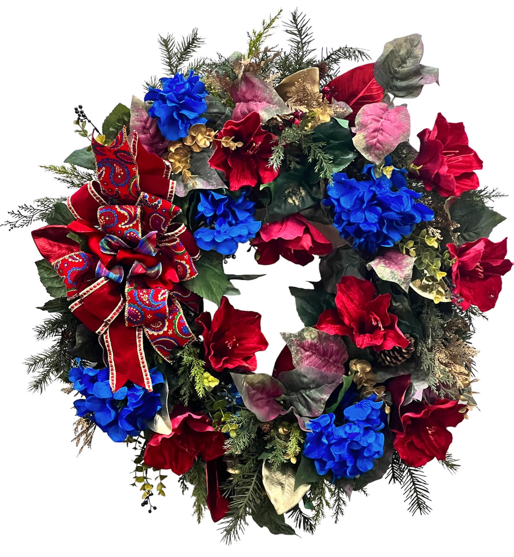 Red, Blue and Gold Large Holiday Winter Wreath with Hydrangeas/Hol72 - April's Garden