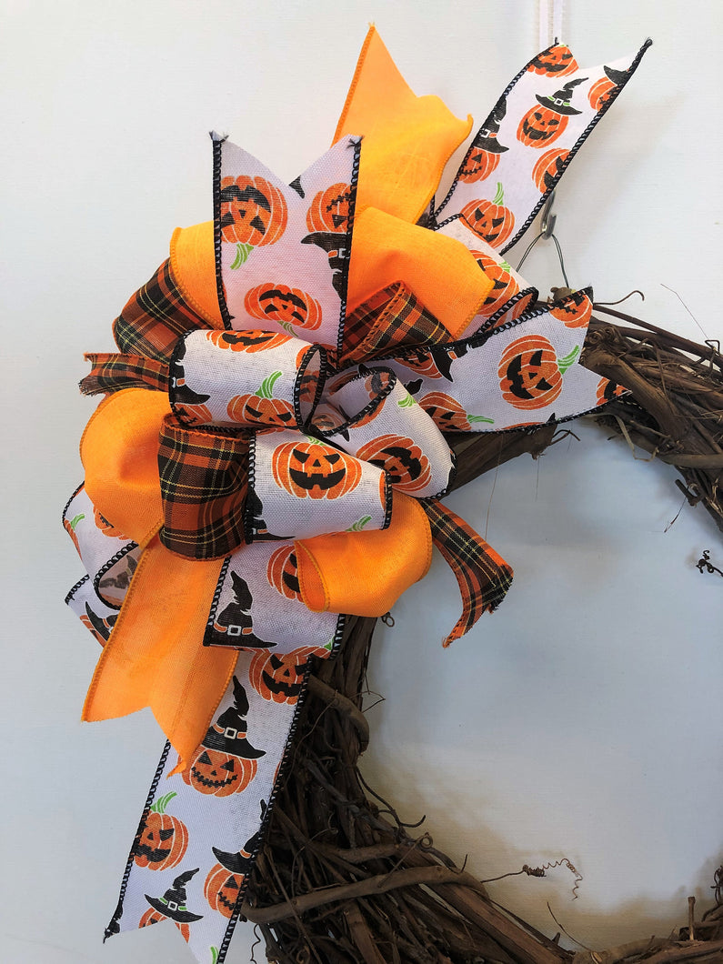 Black, Orange and White Jack O Lantern Print Halloween Bow for Wreaths, Doors and Home Decor/HLB06