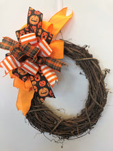Orange and Black Halloween Bow with Jack O lantern Print for Wreaths, Doors and Home Decor/HLB09