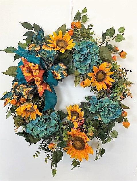 Teal Hydrangea with Gold Sunflowers Fall Silk Floral Wreath/Harv158 - April's Garden Wreath