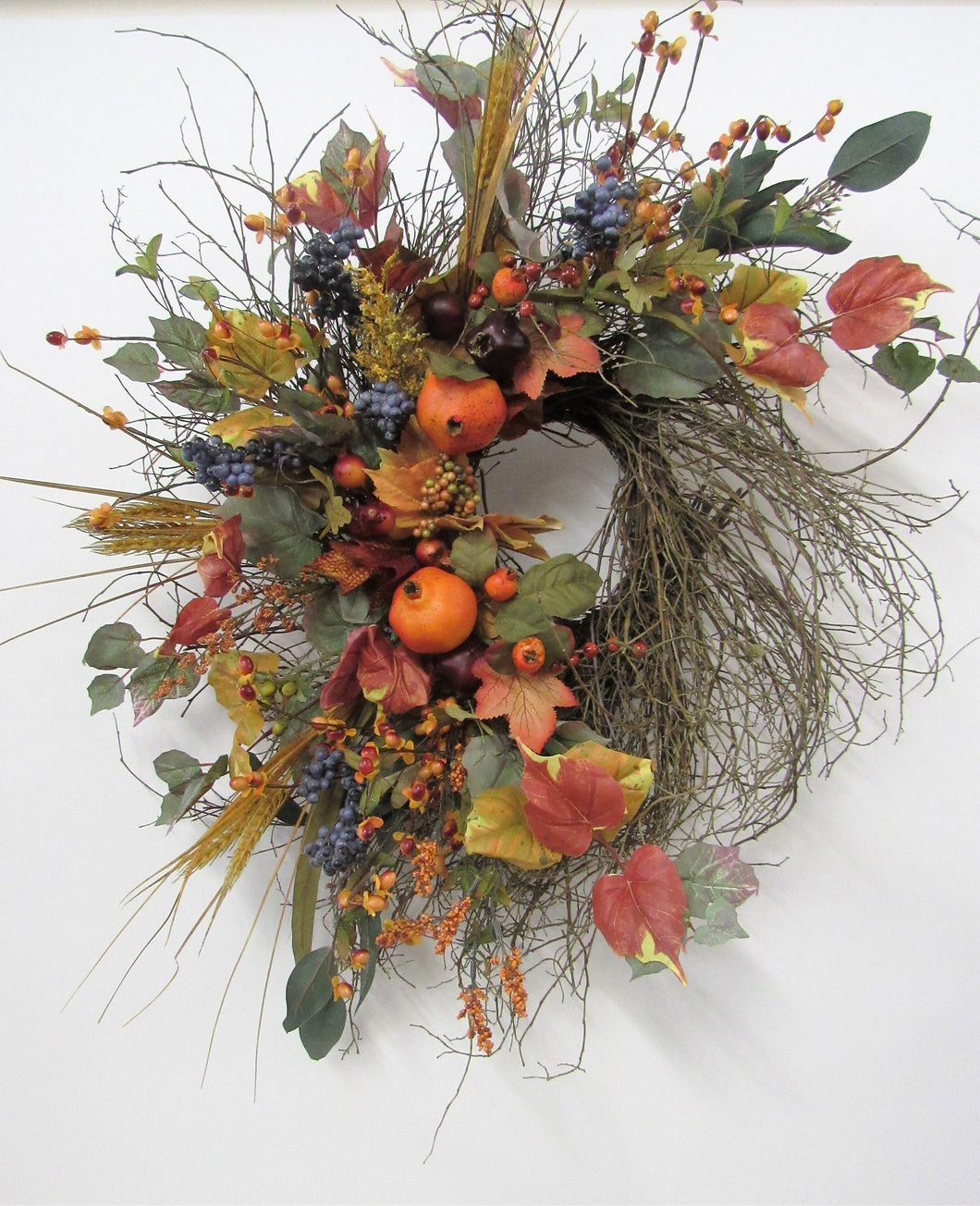 Orange, Burgundy and Navy Silk Floral Fall Wreath on Twig Base/Harv172 - April's Garden Wreath