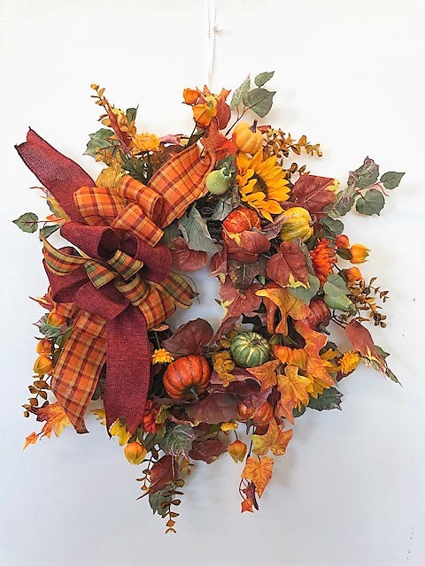 Gold and Orange Petite Fall Wreath with Sunflowers and Gourds/Harv177 - April's Garden Wreath