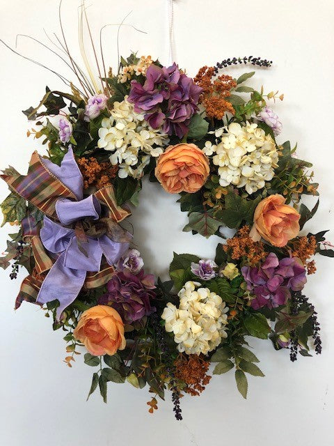 Purple, Coral and Cream Silk Floral Late Summer/Fall Wreath with Hydrangeas/Harv186 - April's Garden Wreath