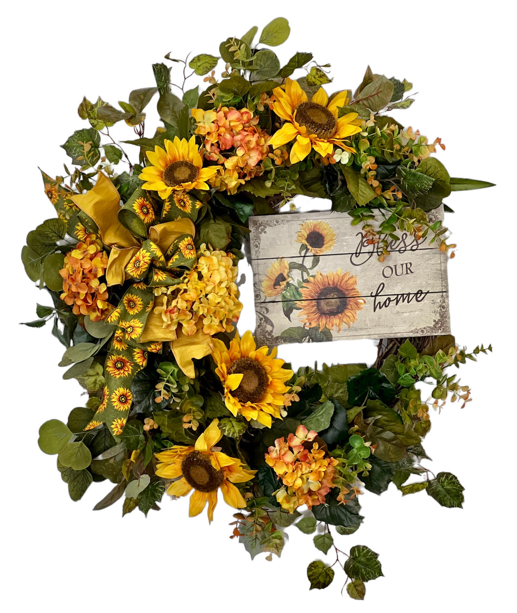 Gold Sunflower and Hydrangea Silk Floral Fall Wreath with Plaque/Harv210