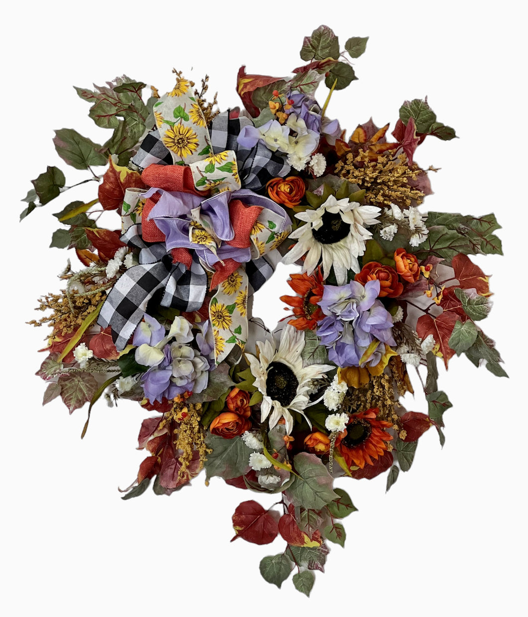Lavender Hydrangea and Cream Sunflower Silk Floral Fall Wreath/HARV236