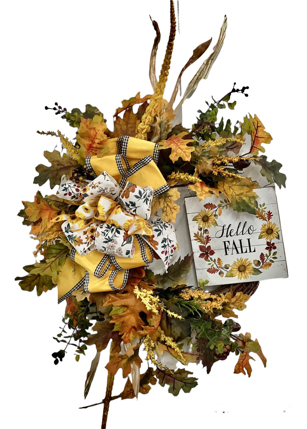 Gold and Green Silk Floral Fall Wreath with Hello Fall Plaque/Harv242
