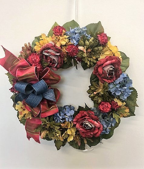 Burgundy, Red, Gold and Blue Silk Floral Fall Petite Wreath/Harv54