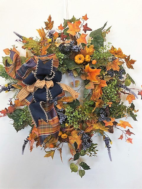 Orange, Green and Lavender Silk Floral Fall Wreath with Pumpkins/Harv74 - April's Garden Wreath