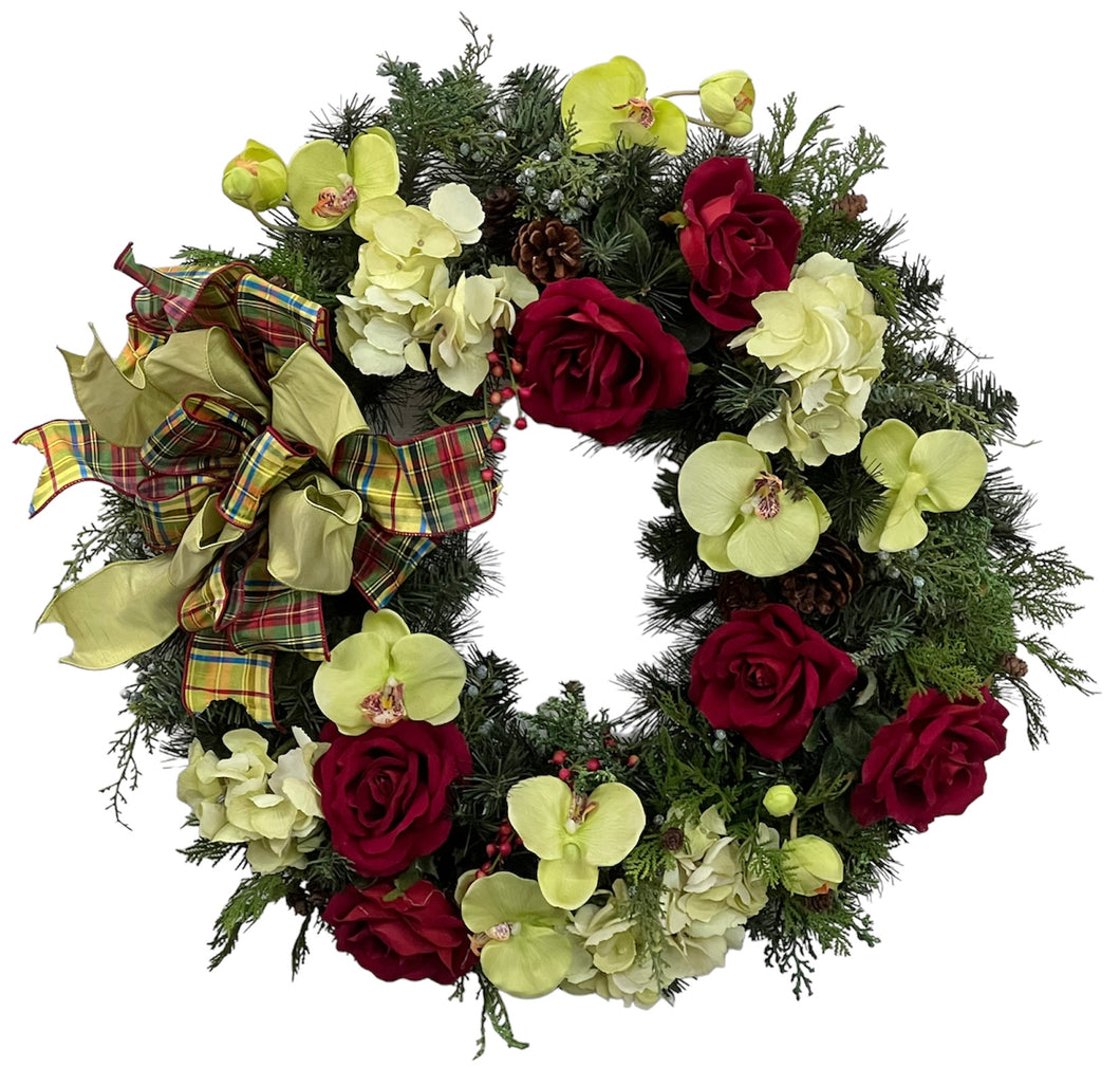 Red and Light Green Silk Floral Holiday Wreath/HOL02