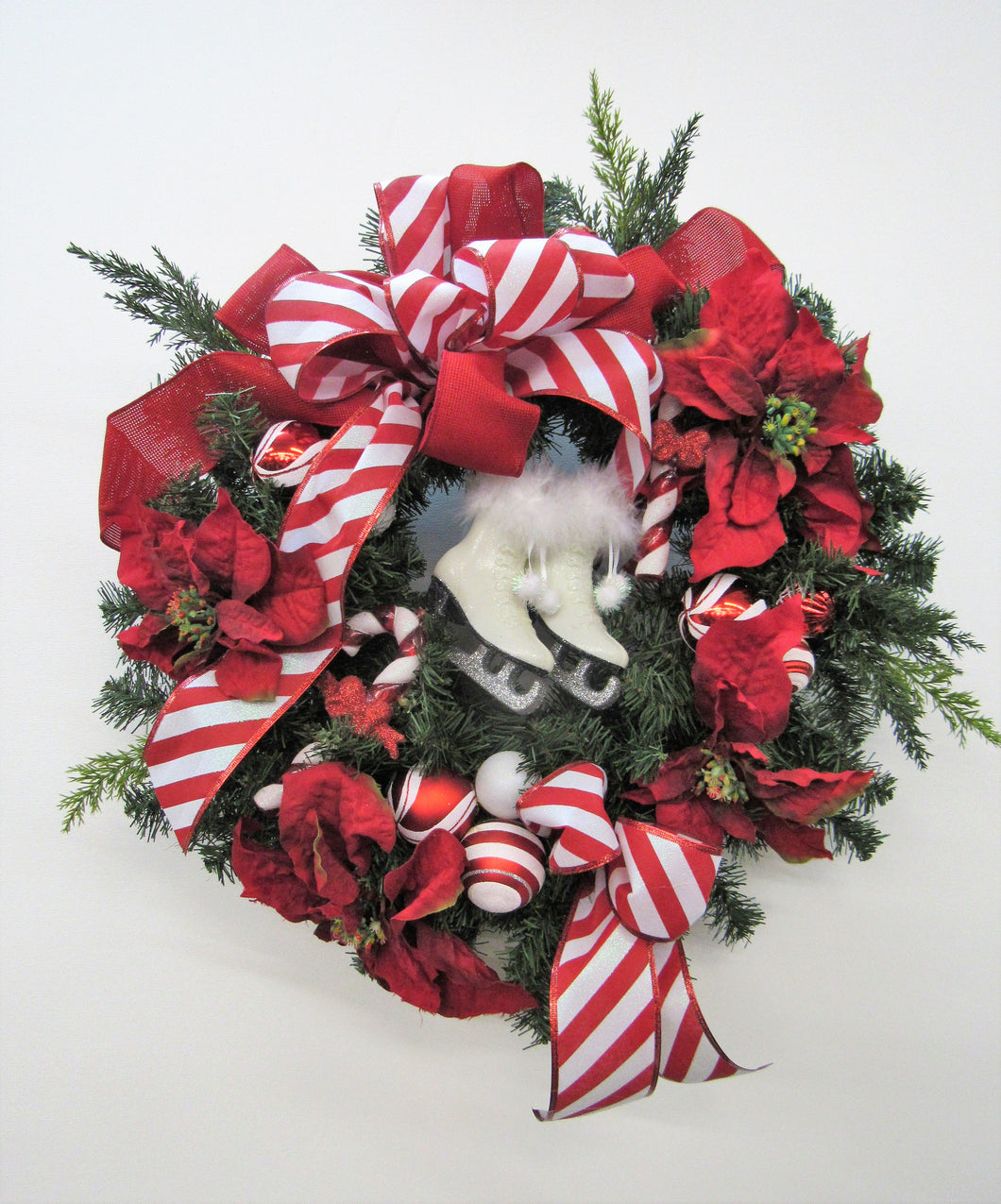 Red and White Silk Floral Holiday Wreath with Ice Skates and Ornaments/Hol103 - April's Garden Wreath