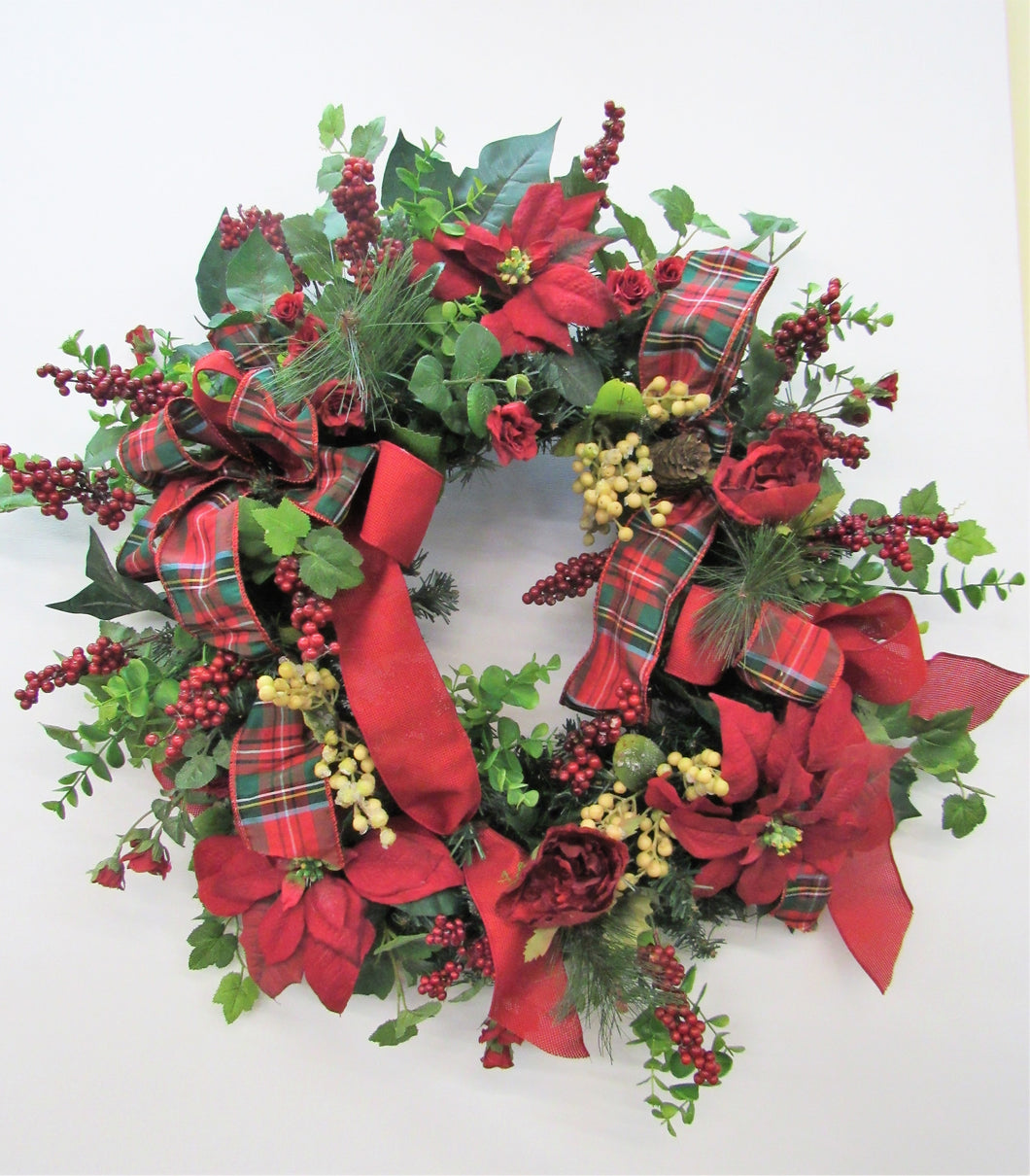 Red Rose and Poinsettia Silk Floral Holiday Christmas Wreath - April's Garden Wreath
