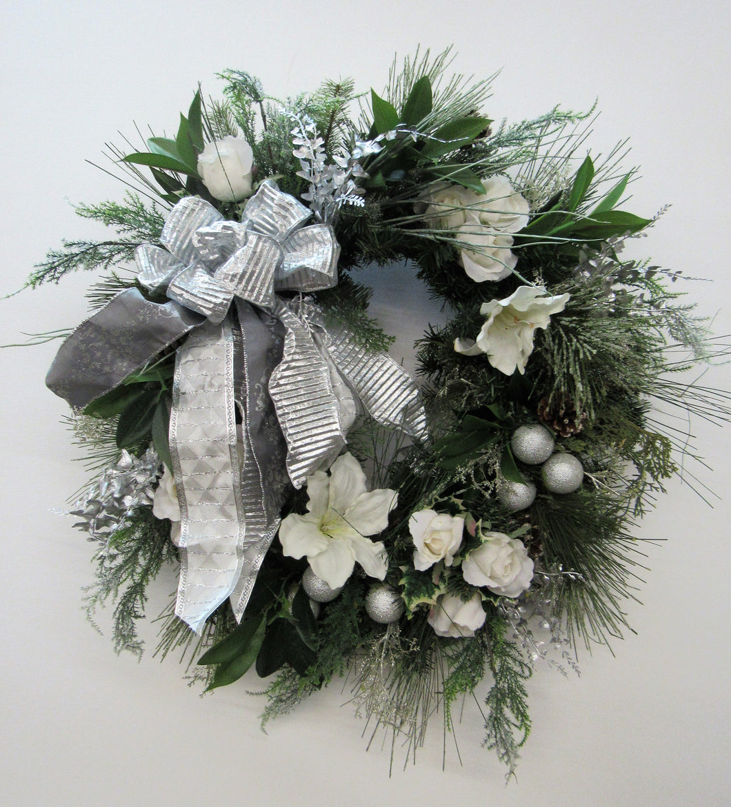 Silver and White Silk Floral Holiday Wreath/Hol11 - April's Garden Wreath