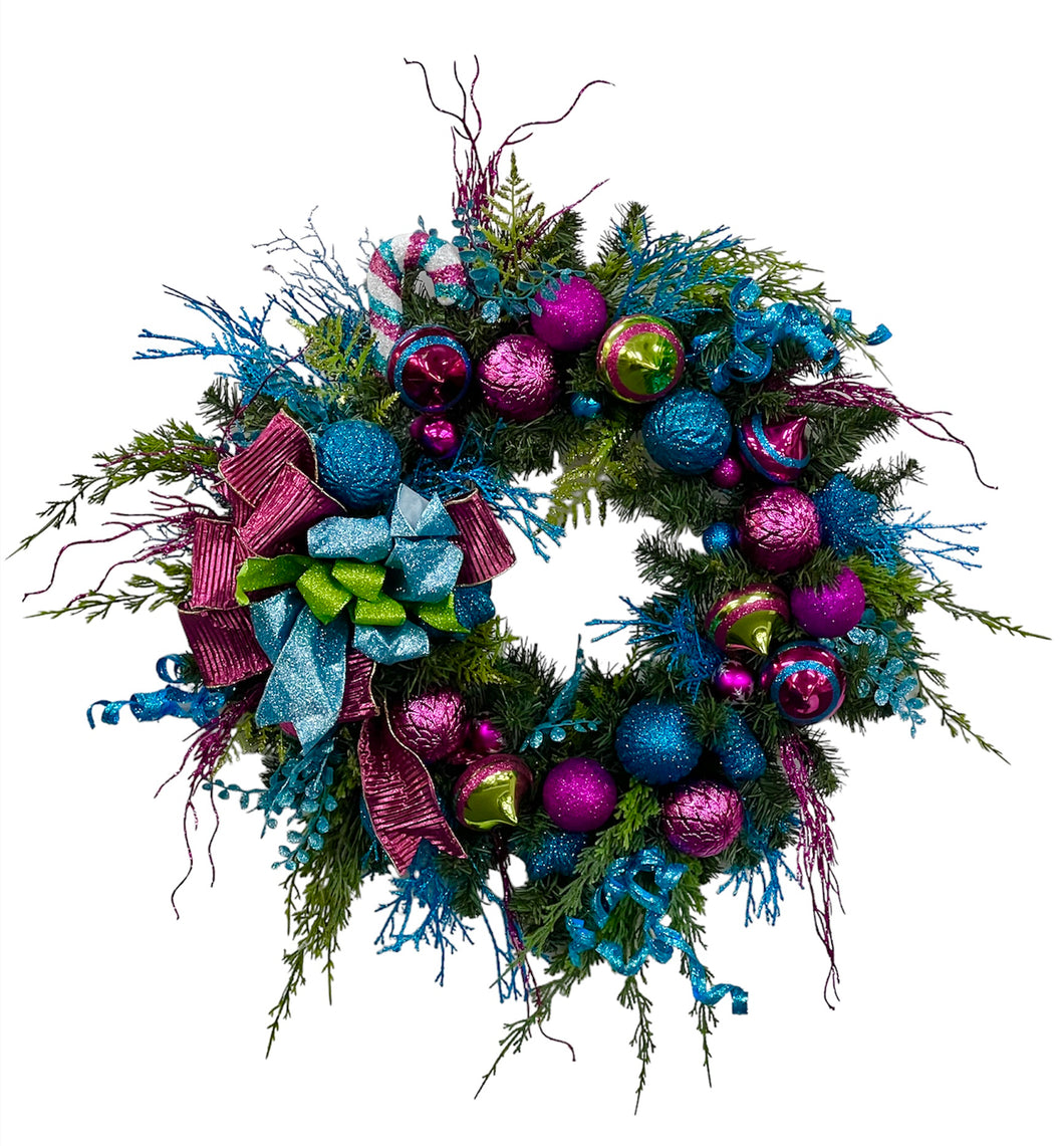 Turquoise, Magenta and Lime Silk Floral Holiday Christmas Ornament Wreath/Hol133