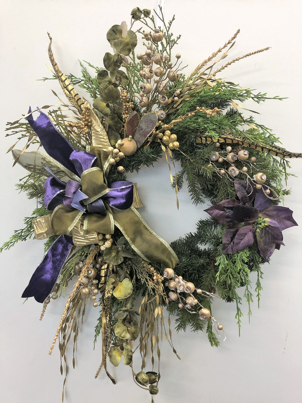 Purple and Gold Silk Floral Holiday Winter Wreath with Poinsettia/Hol136