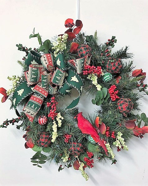 Red and Green Silk Floral Winter Wreath with Cardinal/Hol146 - April's Garden Wreath