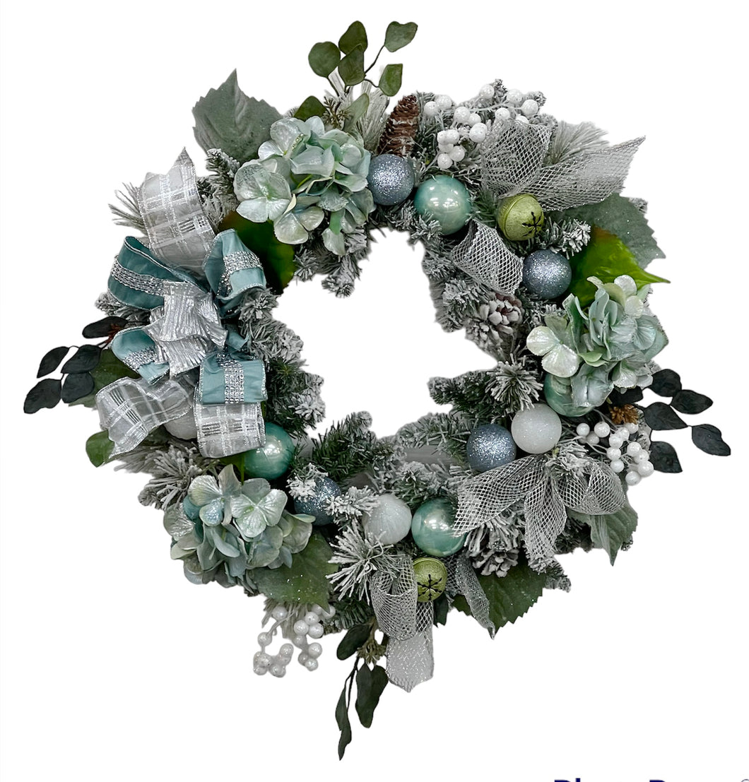 Aqua, Green and Silver Hydrangea Silk Floral Christmas Wreath/HOL147