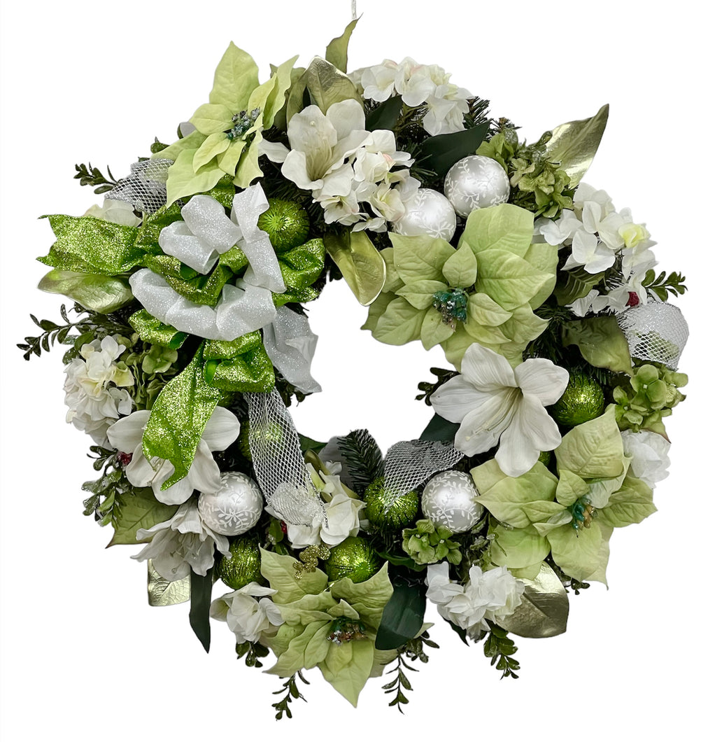 Cream and Light Green Silk Floral Holiday Poinsettia and Hydrangea Wreath/Hol14 - April's Garden