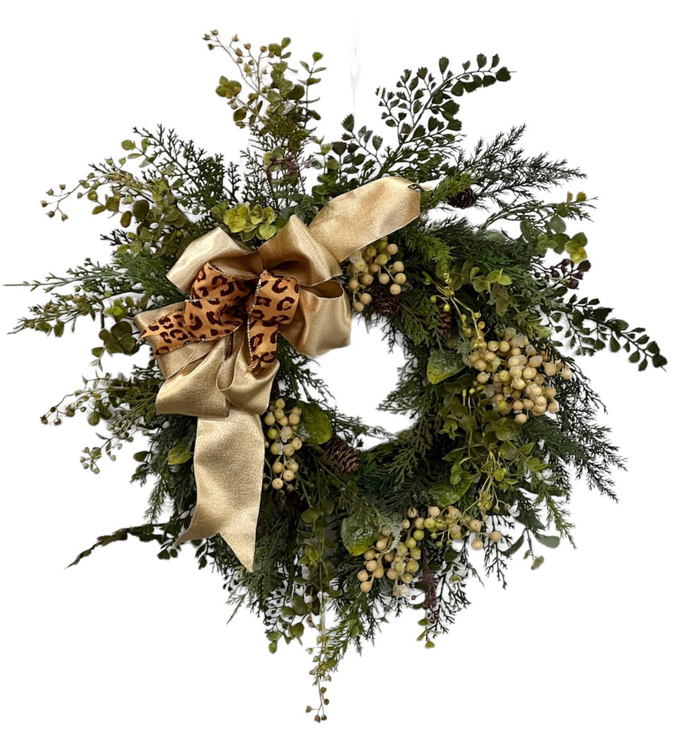 Arborvitae and Eucalyptus Silk Floral Winter Wreath with Leopard Print Bow/Hol153