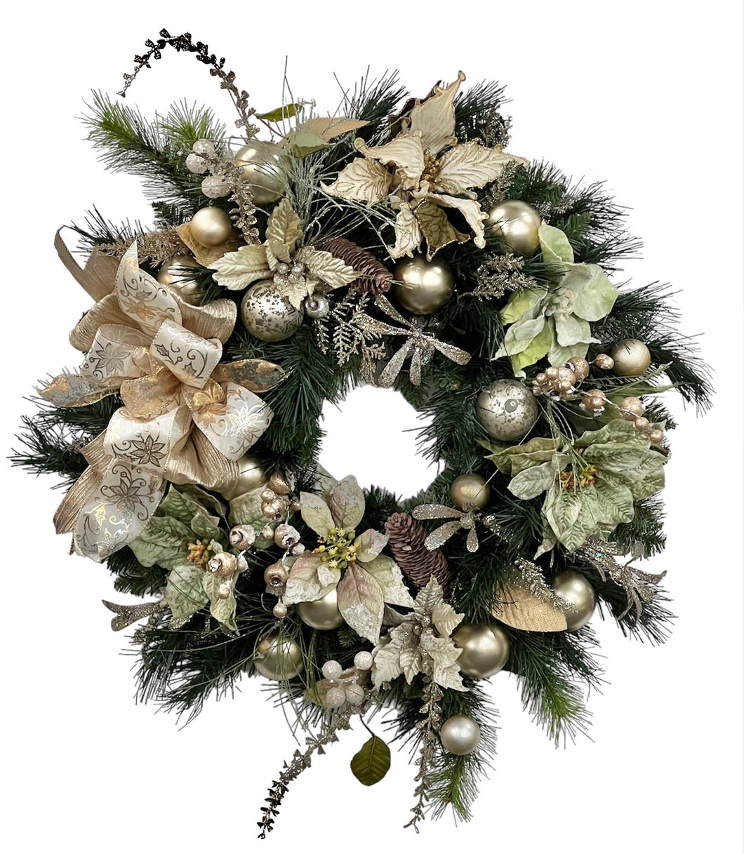 Champagne (Gold) Poinsettia Silk Floral Winter Holiday Wreath/Hol155