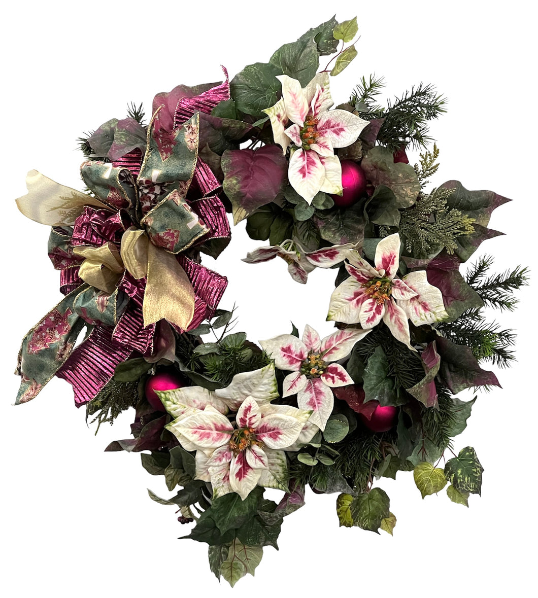 Cream and Burgundy Silk Floral Holiday Wreath with Holiday Balls/Hol20