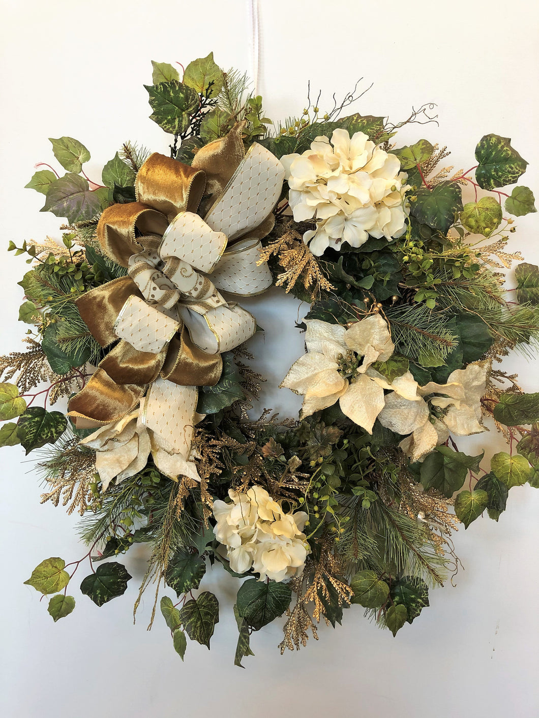 Cream and Gold Poinsettia and Hydrangea Holiday Wreath/Hol31 - April's Garden