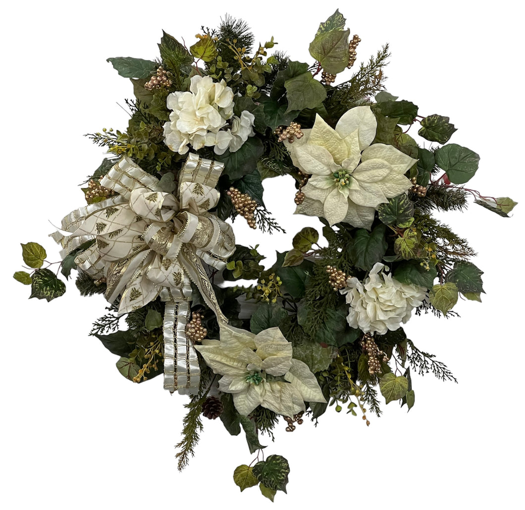 Cream Poinsettia and Hydrangea Silk Floral Holiday Wreath/HOL90