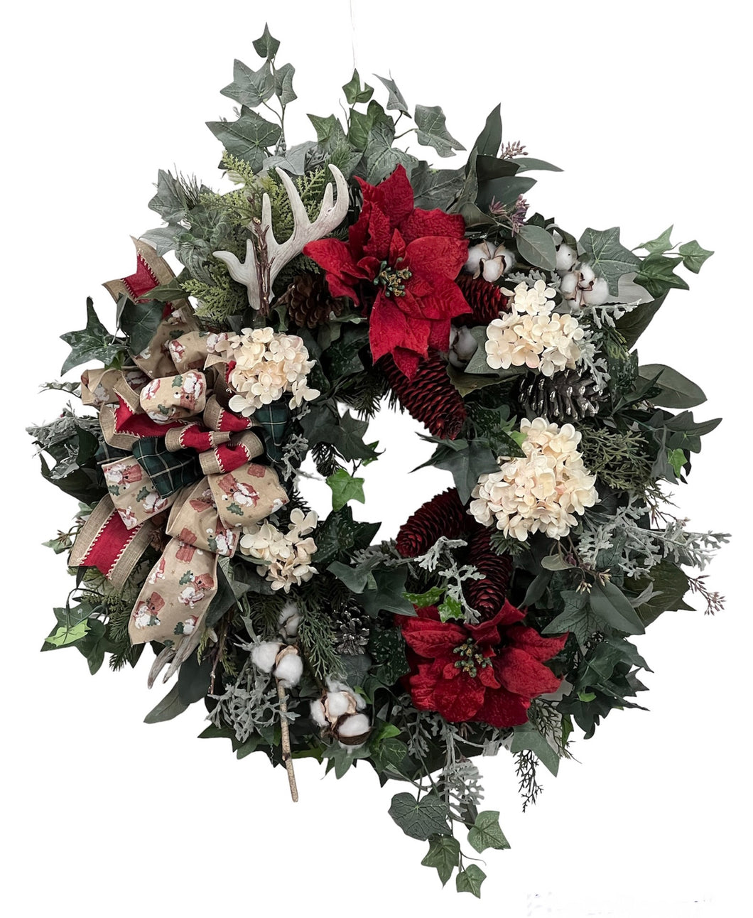 Red and Cream Silk Floral Holiday Farmhouse Style Wreath with Antlers/Hol95