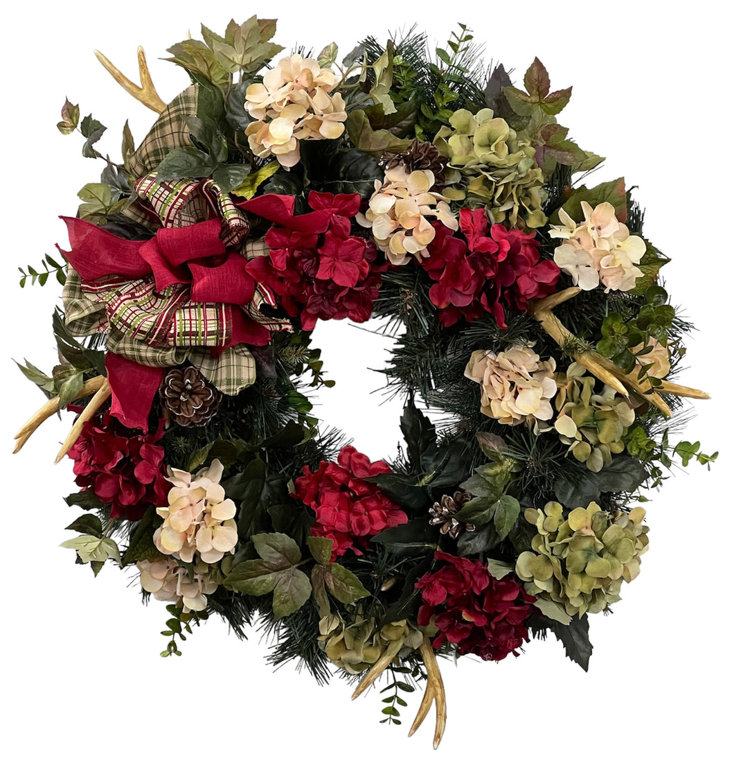 Red, Cream and Olive Hydrangea Silk Floral Christmas Winter Wreath/Hol96