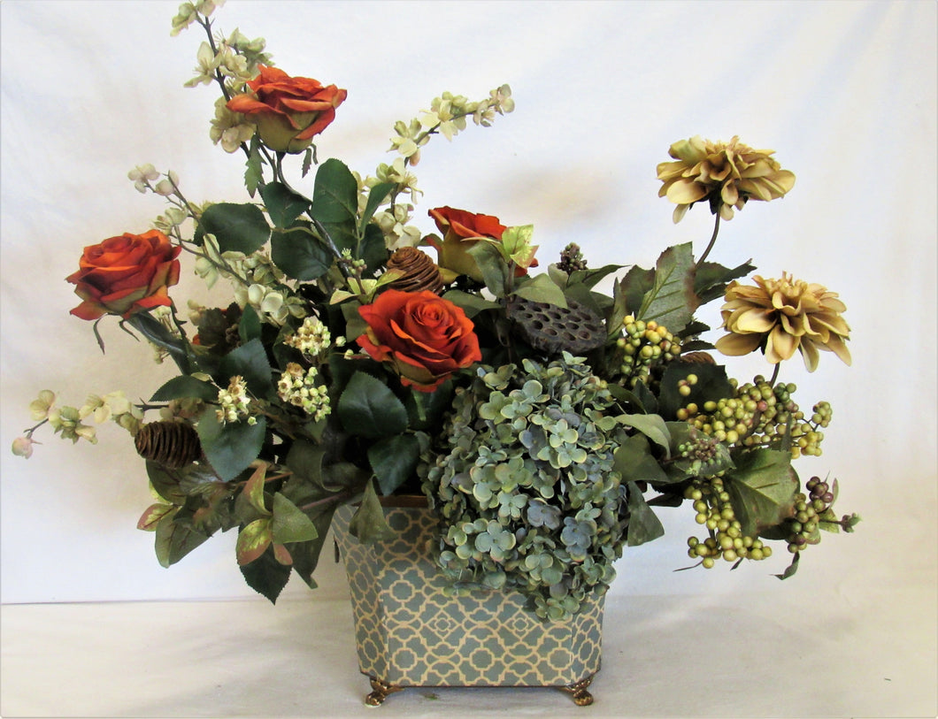 Floral Arrangement with Rust Roses, Cream Blossom, Amber Dahlia, Light Blue hydrangea - April's Garden