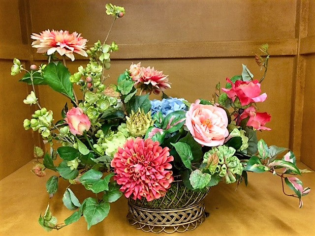 Floral Arrangement with Watermelon Dahlia, Roses, Rose Buds. Light Blue Hydrangea, Green Celosia, Pear Blossom, Artichoke - April's Garden