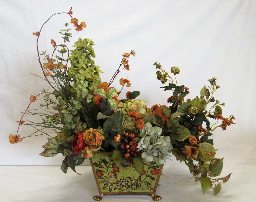 Floral Arrangement with Rust Blossom, Ranunculus, Tulip, Mini Pompom Roses, Light Green Hydrangea, Light Blue Hydrangea, Cranberry, Pale Yellow Roses - April's Garden