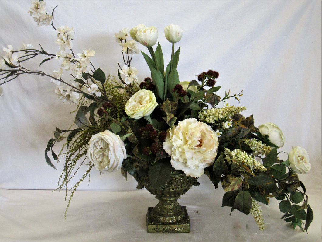 Floral Arrangement with Cream Peony, Garden Roses, Delphinium, Astilbe Tulips, Red Raspberries - April's Garden