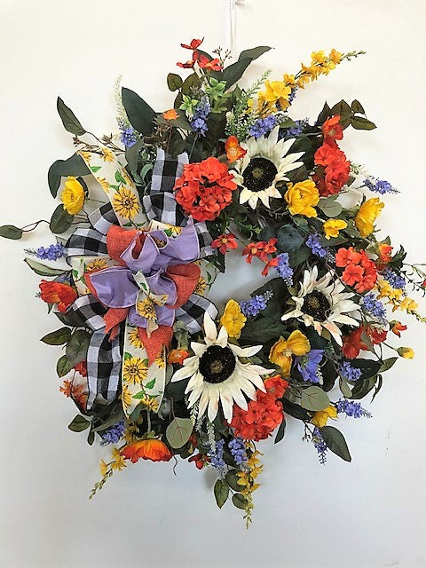 Cream Sunflower with Orange and Perwinkle Silk Floral Fall Wreath/IS02 - April's Garden Wreath