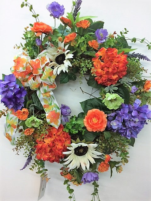 White, Orange and Purple Silk Floral Sunflower Late Summer Wreath/IS04 - April's Garden Wreath