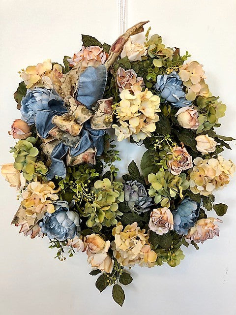 Green, Cream and Blue Silk Floral Everyday Wreath with Hydrangeas/IS13 - April's Garden Wreath