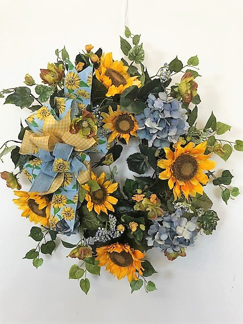 Blue Hydrangea and Gold Sunflower Silk Floral Late Summer Early Fall Wreath/IS26 - April's Garden Wreath
