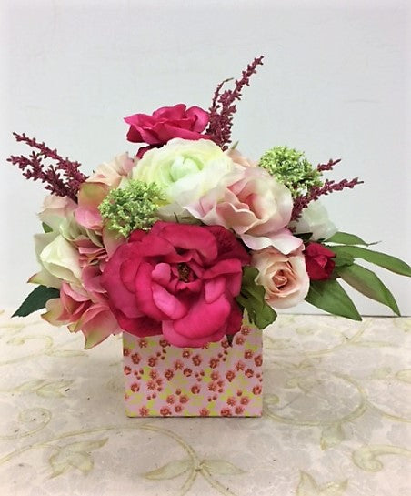 Pink, Green and Cream Petite Silk Floral Arrangement in Floral Box/RA03 - April's Garden Wreath