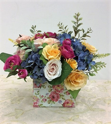 Yellow & Pink Roses w. Blue Hydrangea Petite Silk Floral Arrangement/RA04 - April's Garden Wreath