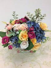 Yellow & Pink Roses w. Blue Hydrangea Petite Silk Floral Arrangement/RA04 - April's Garden Wreath