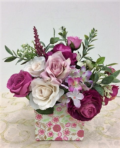 Dark and Light Pink Roses Petite Silk Floral Arrangement in Floral Box/RA05 - April's Garden Wreath